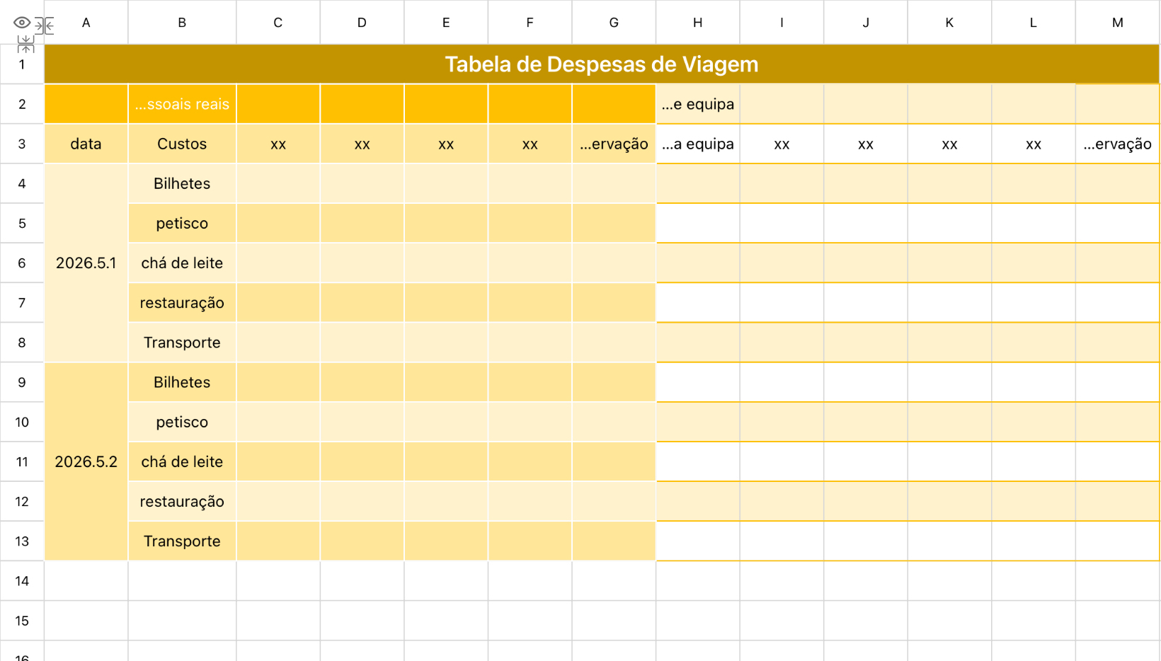 Tabela de Despesas de Viagem